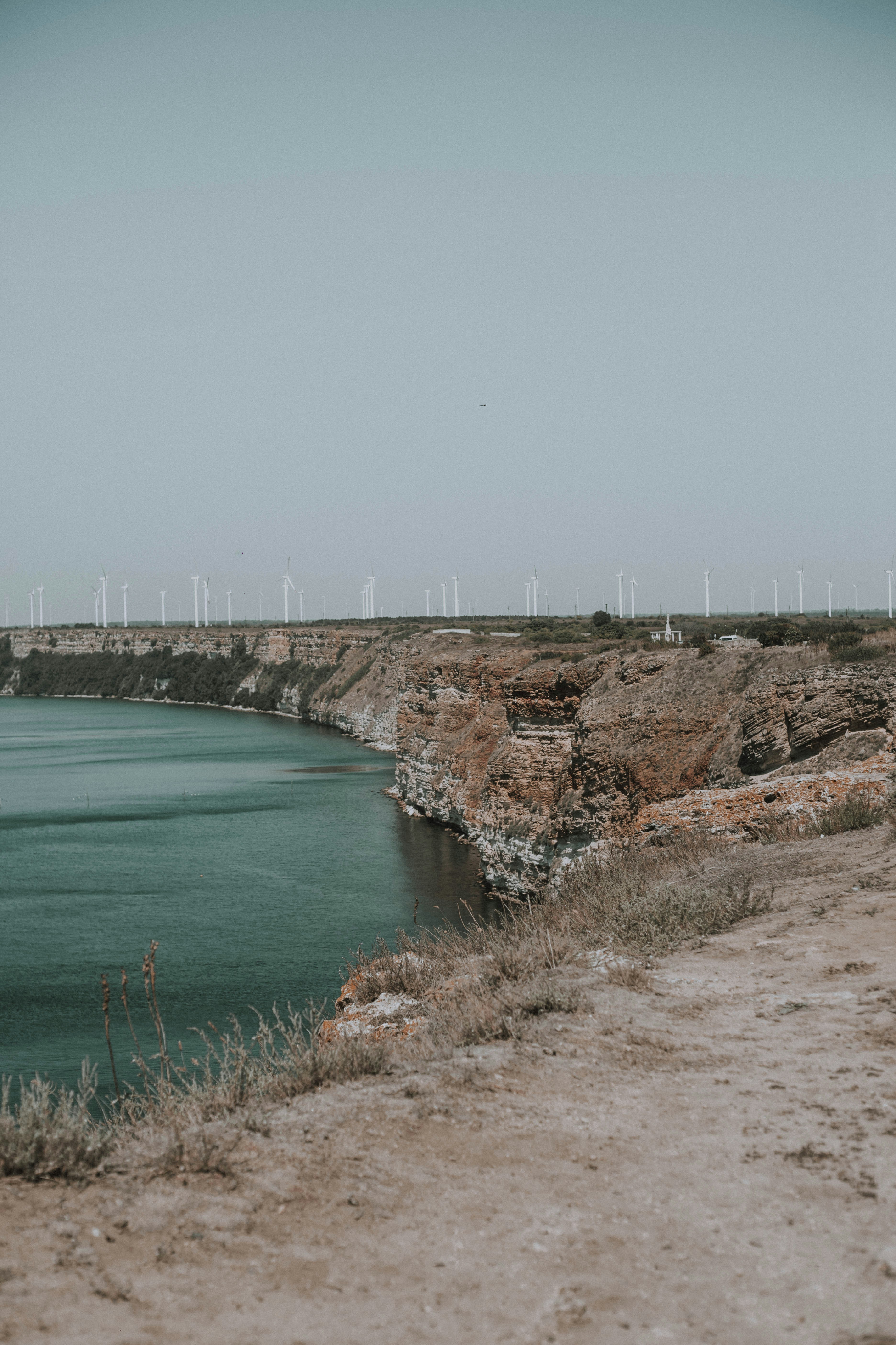 a beach with a body of water and a land with a row of wind turbines