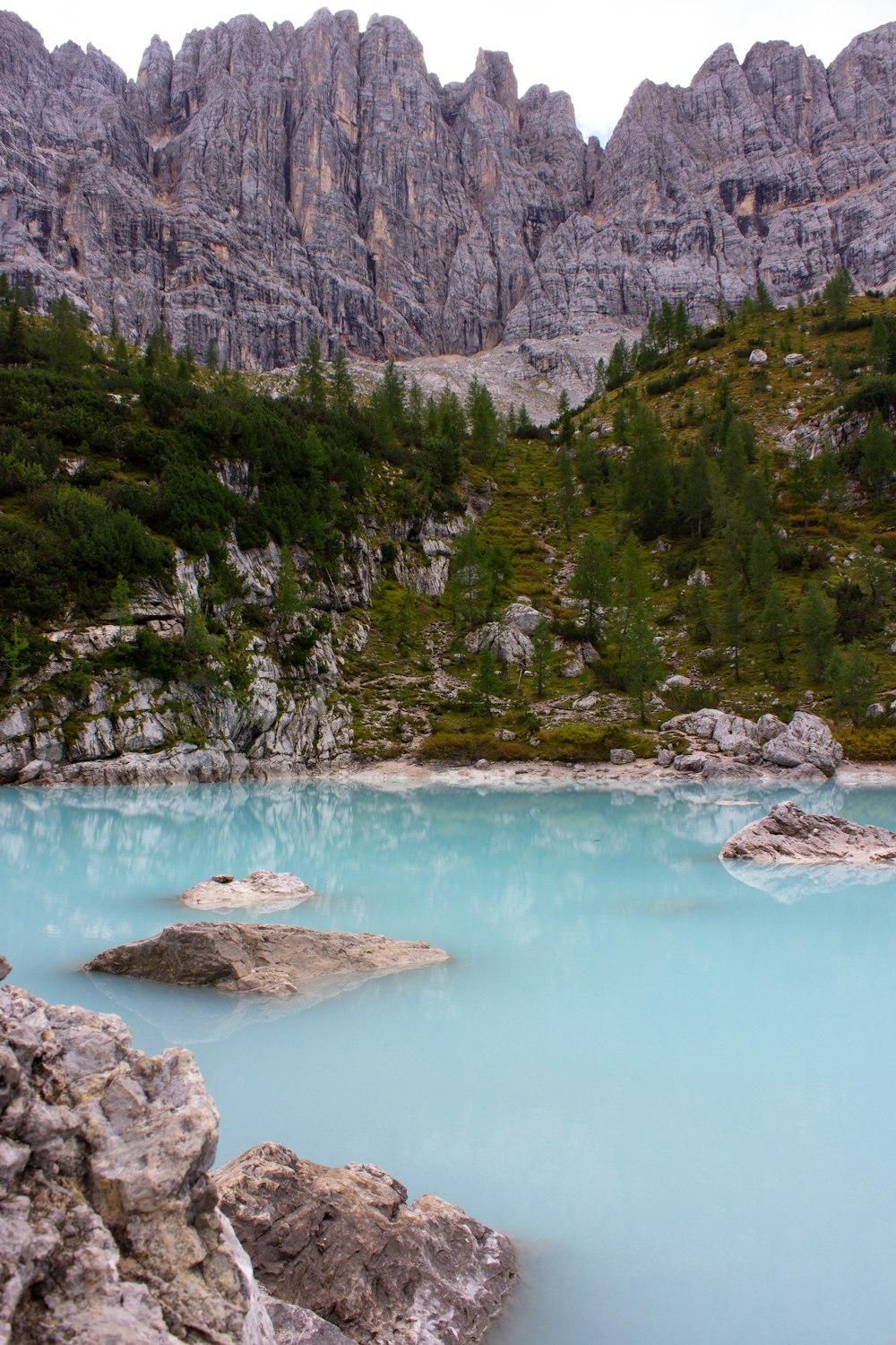 a body of water with rocks and trees around it