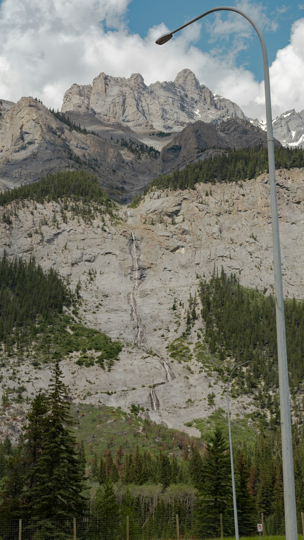 a mountain with trees and a fence