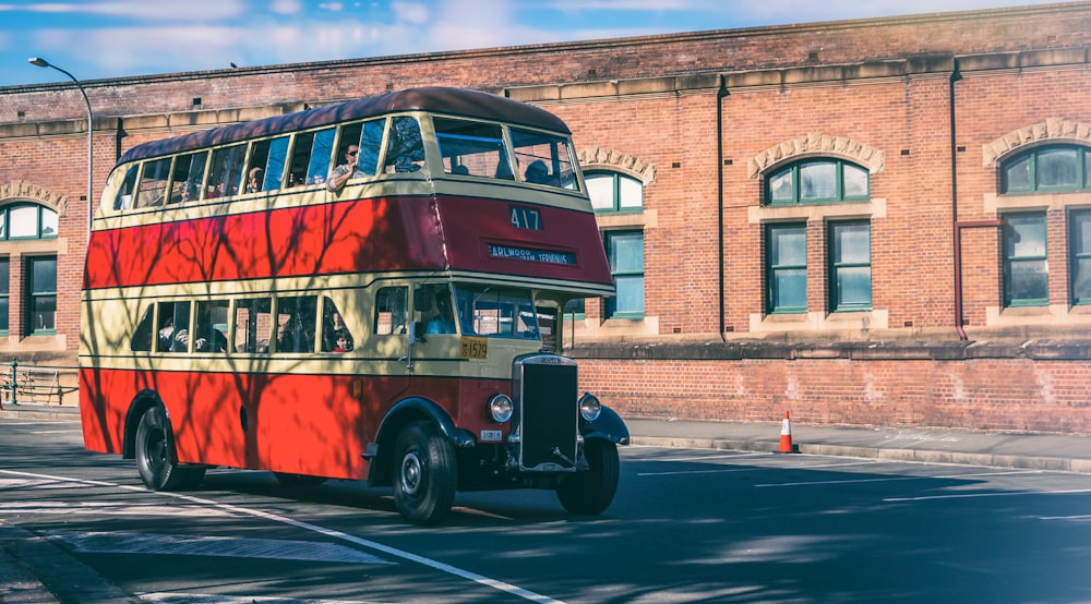 a bus travels down the street