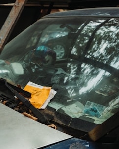 A dusty car windshield with scattered papers and leaves accumulated at the base, along with an orange notice. Reflections of trees are visible on the glass, and a parking permit from 2016 is inside.