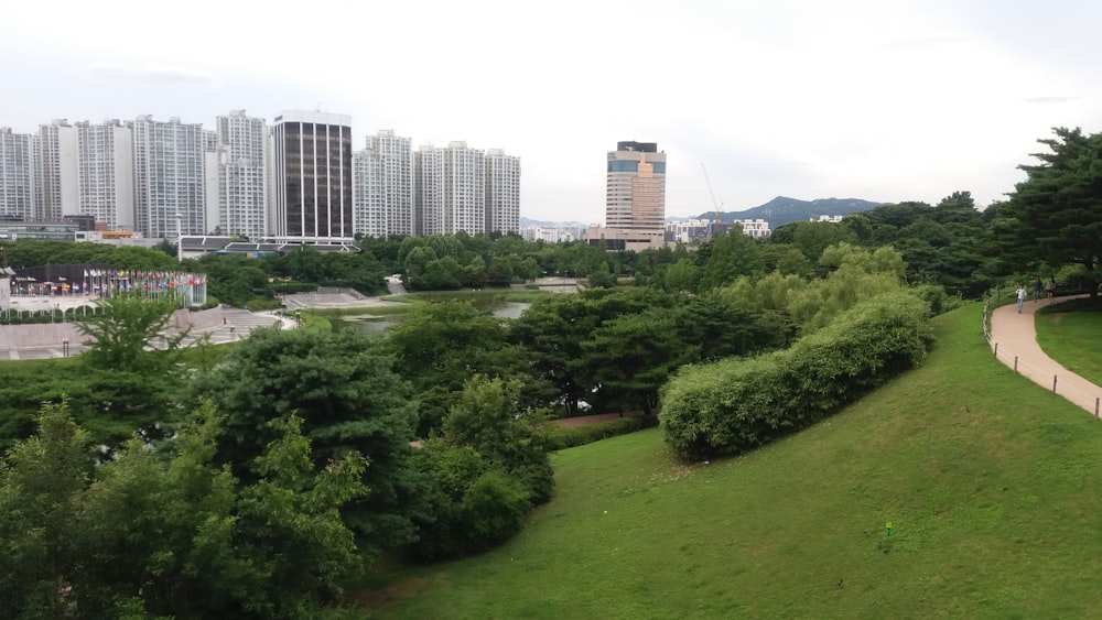 a park with trees and buildings in the background