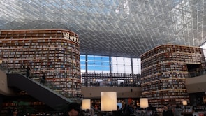 A large and modern library with tall, curved bookshelves filled with numerous books. There is a central area with tables and large lamps, and an escalator on the left side. The ceiling is made up of glass panels, allowing natural light to illuminate the space. There are people scattered throughout the library, reading and walking.
