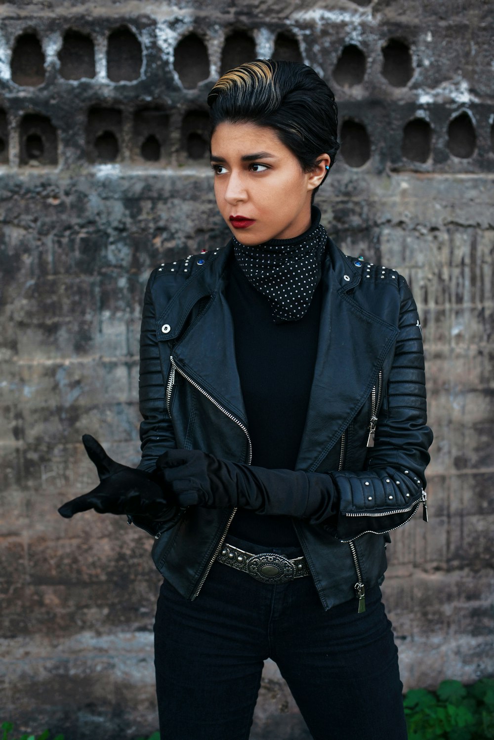 a person in black leather jacket