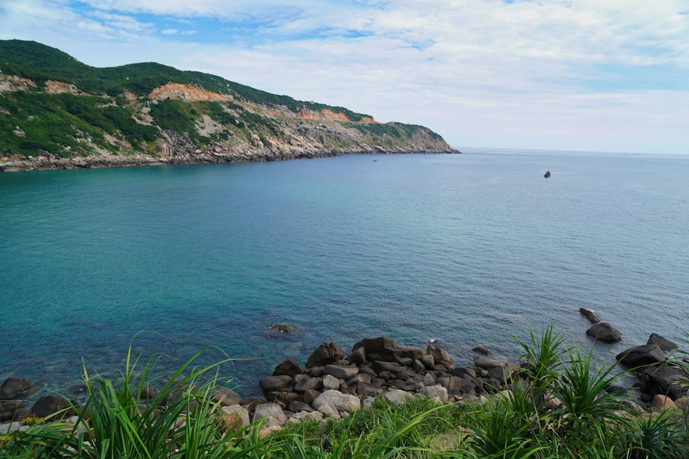 a rocky beach with a hill in the background