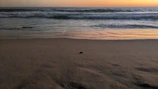 Golden hour shot of a quiet beach with gentle waves and footprints in sand.