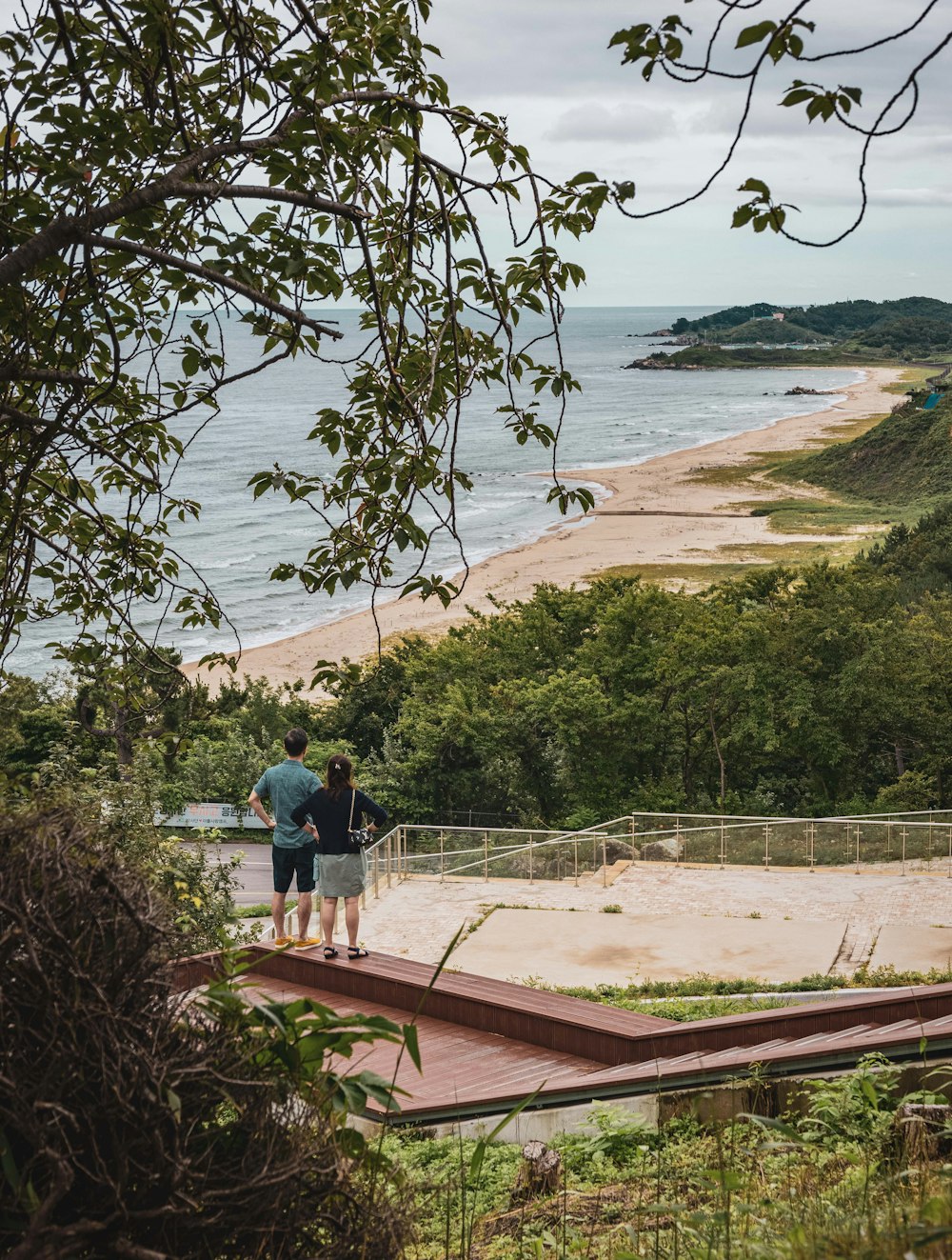 a couple of people walking on a path by a beach