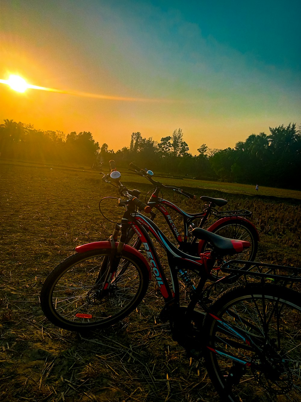 a bicycle parked on grass by a lake