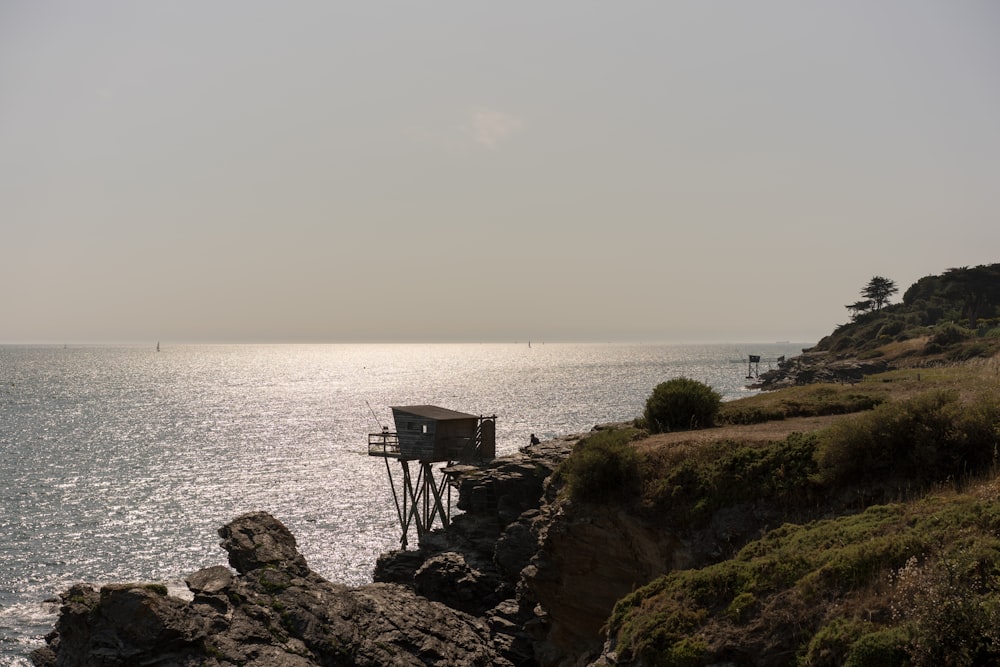 a bench on a rocky shore