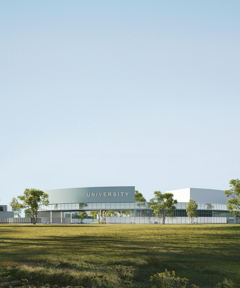 a large building with a sign on it