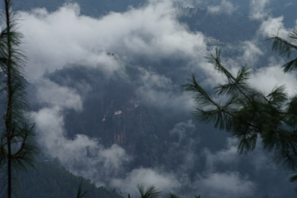 A misty, mountainous landscape with clouds partially obscuring the view. Pine trees frame the foreground, adding to the natural and serene ambiance. A small cluster of buildings is visible on the mountainside, nestled among the clouds, suggesting a remote location.