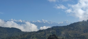 A panoramic shot of a sprawling multi-acre homesite with snow-capped peaks in the distance under a clear blue sky.