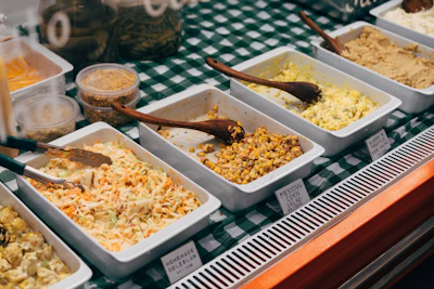 a group of bowls full of food