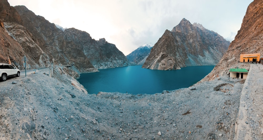 a lake in a rocky area