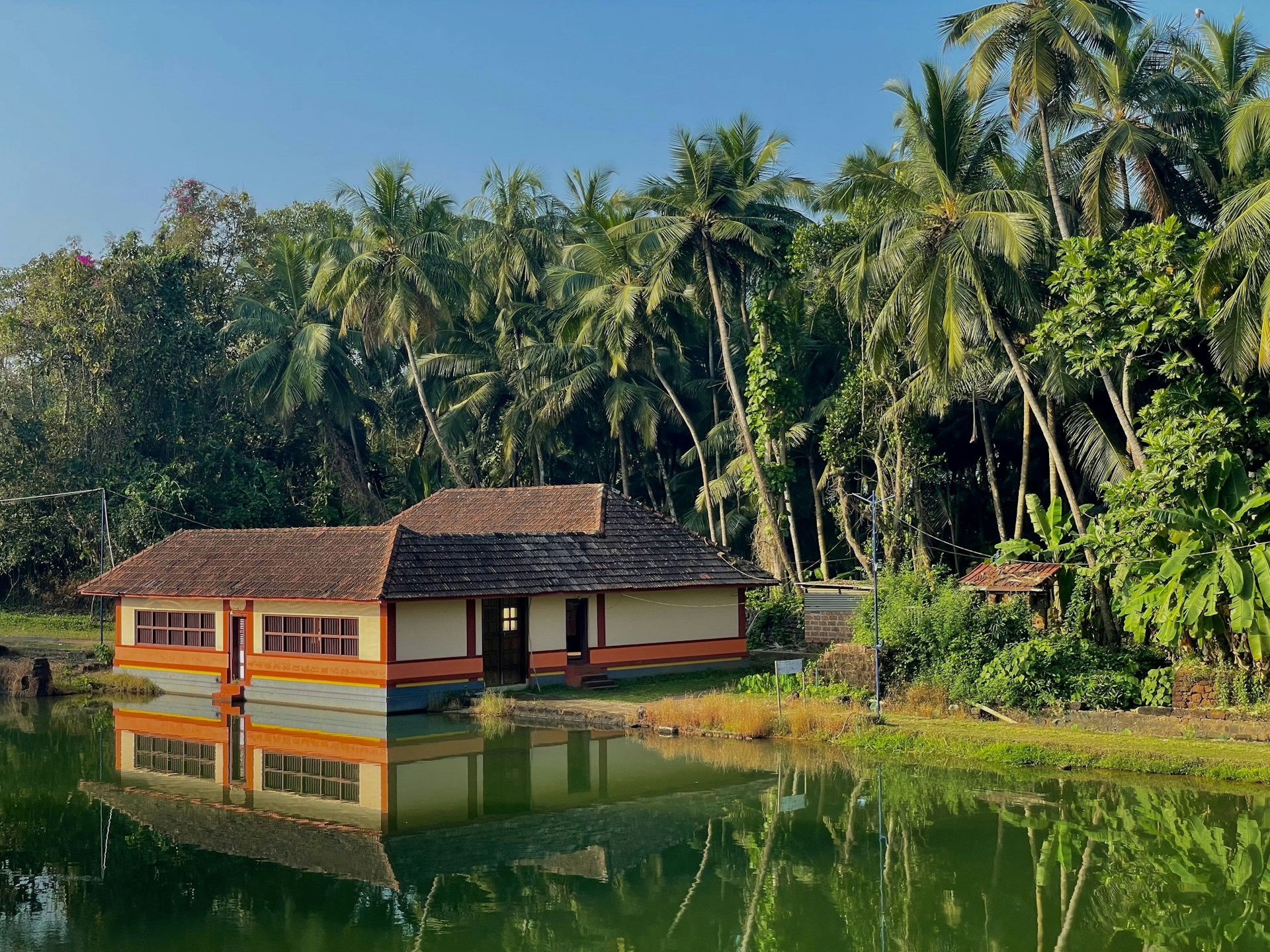 a house on a lake surrounded by trees