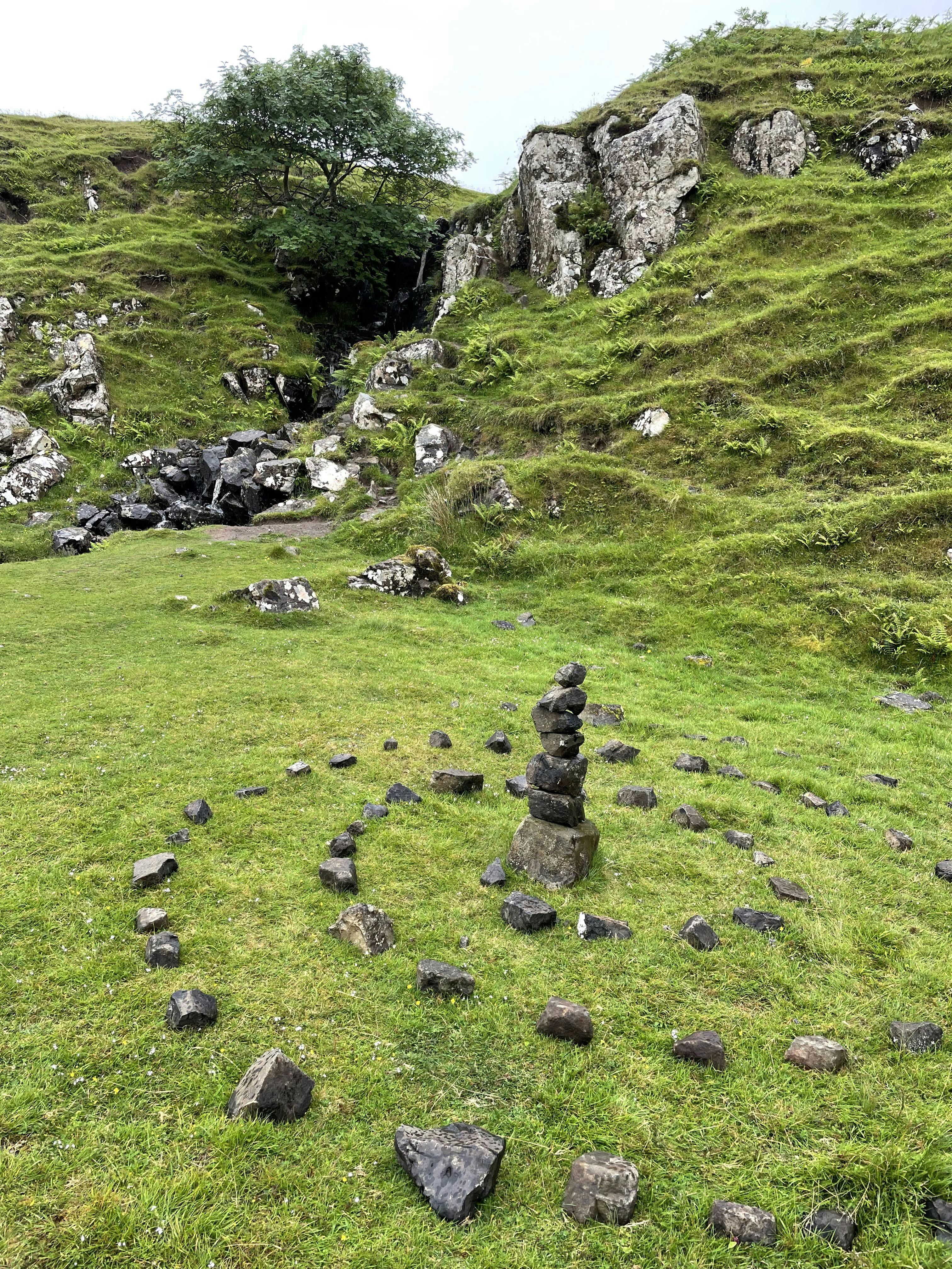 a grassy hill with rocks and trees
