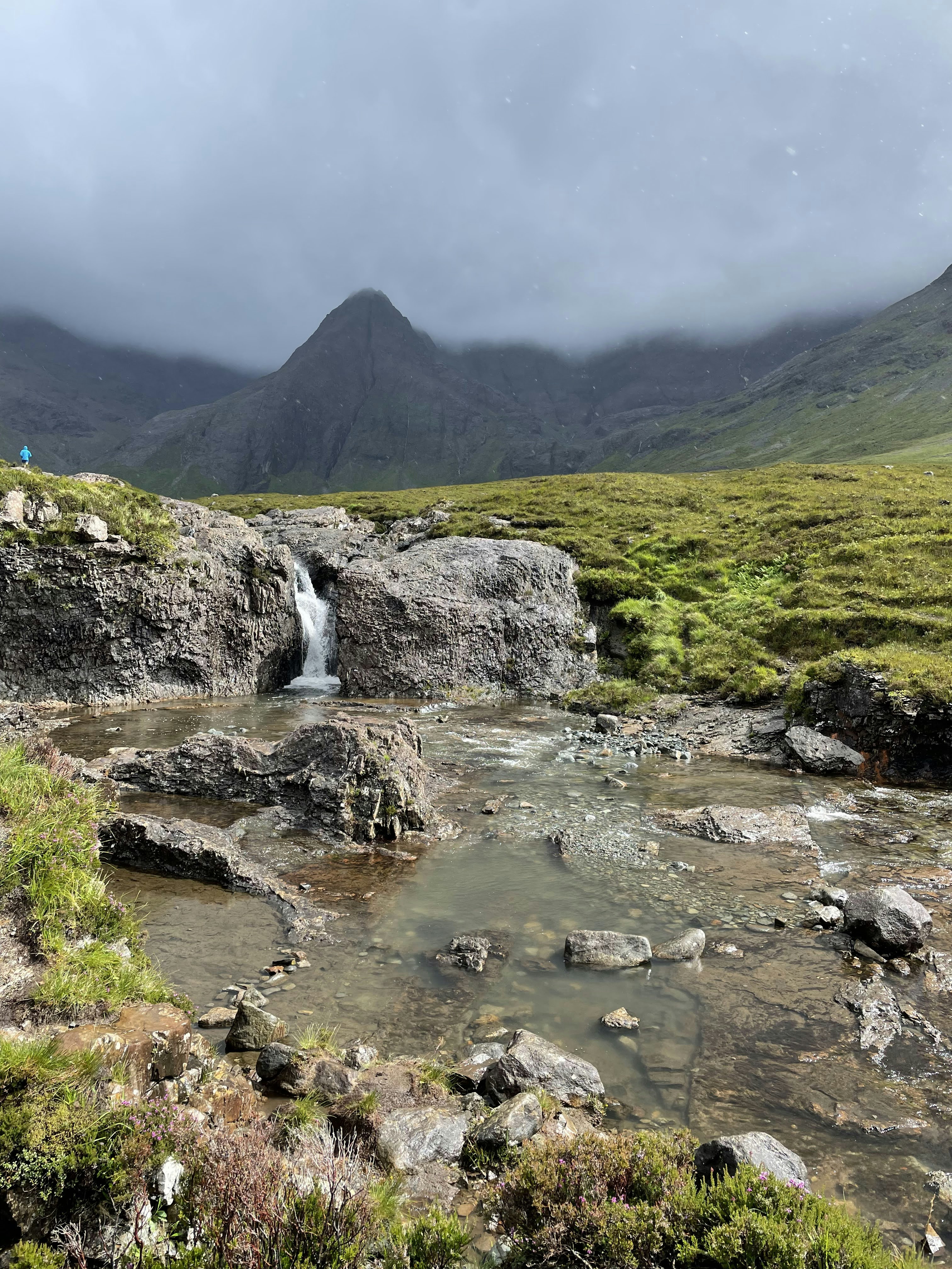a waterfall in a valley