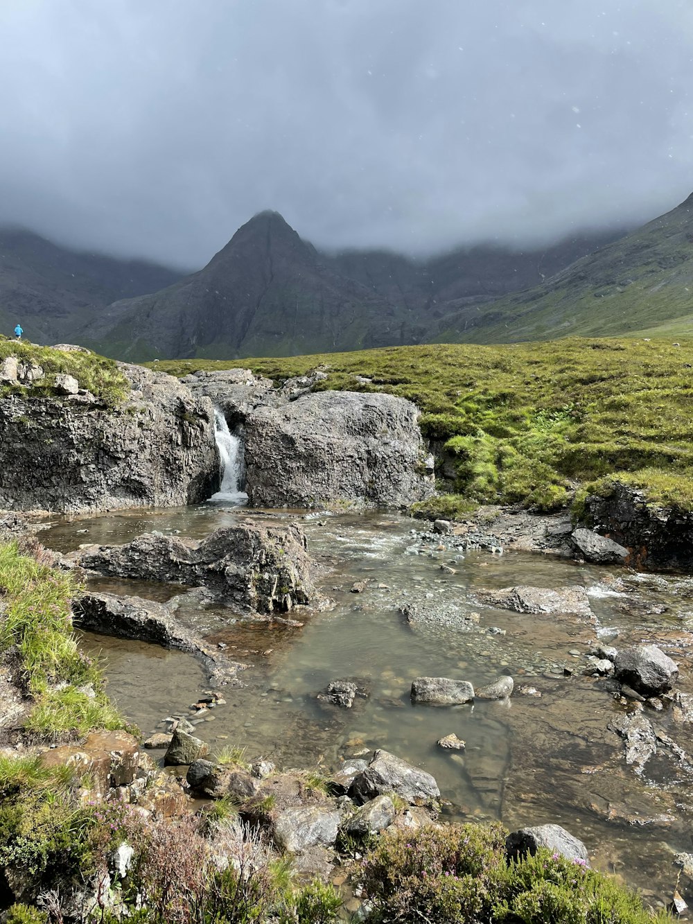 a waterfall in a valley