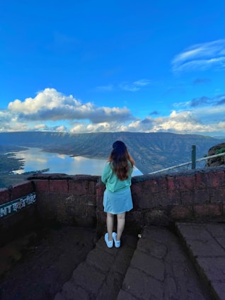 a woman standing on a ledge overlooking a city