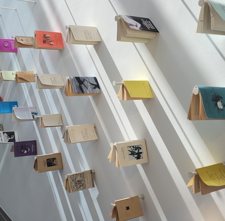 Books are displayed in an artful arrangement on a white wall, each book supported by small pegs, and casting shadows that enhance the visual effect. The books have various colored covers, adding vibrancy to the minimalist setting.