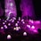 A whimsical scene illuminated at night features a collection of glowing purple mushrooms scattered on the forest floor. Among the towering tree trunks, two woven sculptures resembling organic creatures add an element of mystery and fantasy. A large, elaborate structure woven in a similar style stands prominently, casting a warm light from its windows.