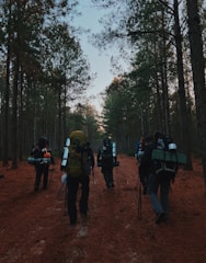 a group of people with cameras on a dirt path in the woods