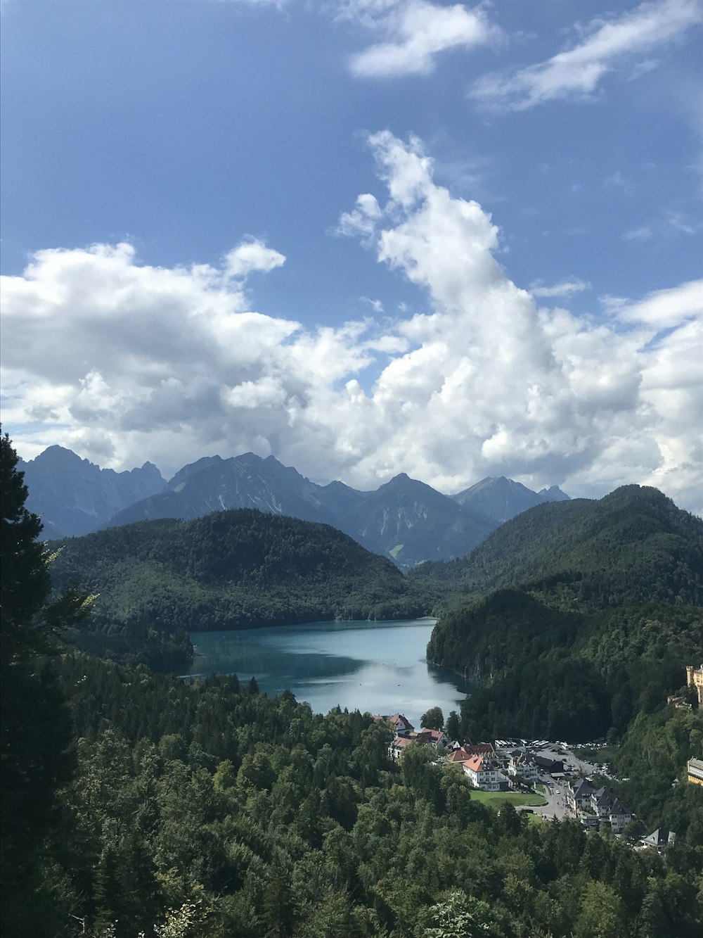 Un lago rodeado de árboles y montañas