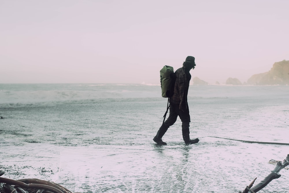 a man walking on a beach