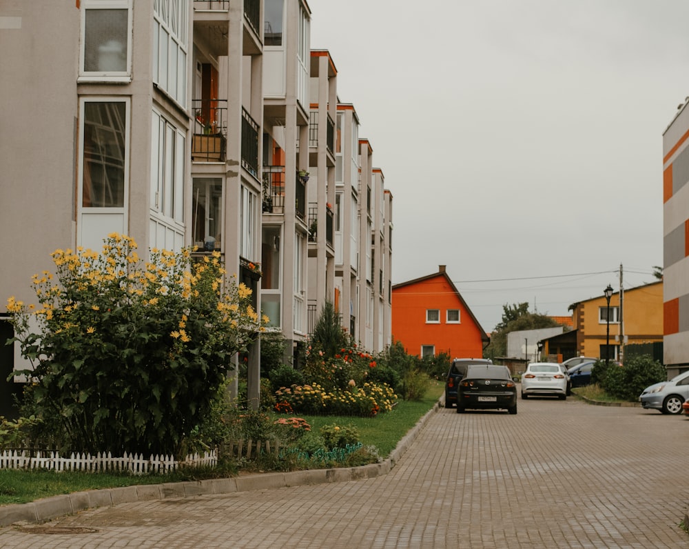 a street with cars and buildings