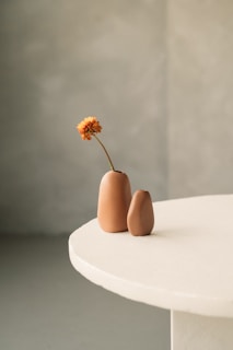 Two simple, earth-toned vases are placed on a round, light-colored table. One vase is taller with a single dried flower, and the other is shorter, creating a minimalist and natural aesthetic against a soft, blurred background.