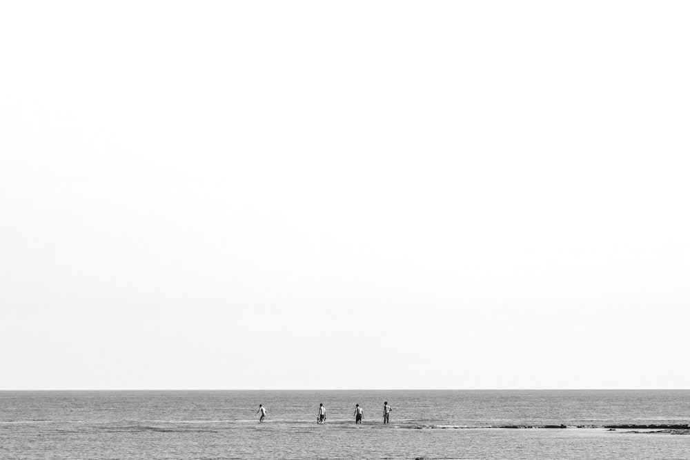 a group of people standing in the water