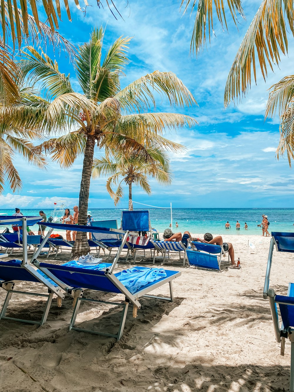 una playa con sillas y mesas