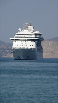 A large, white cruise ship is positioned prominently on the calm sea. The ship is facing the viewer, with its multiple decks and distinctive design clearly visible. In the background, hazy mountains provide a serene backdrop.