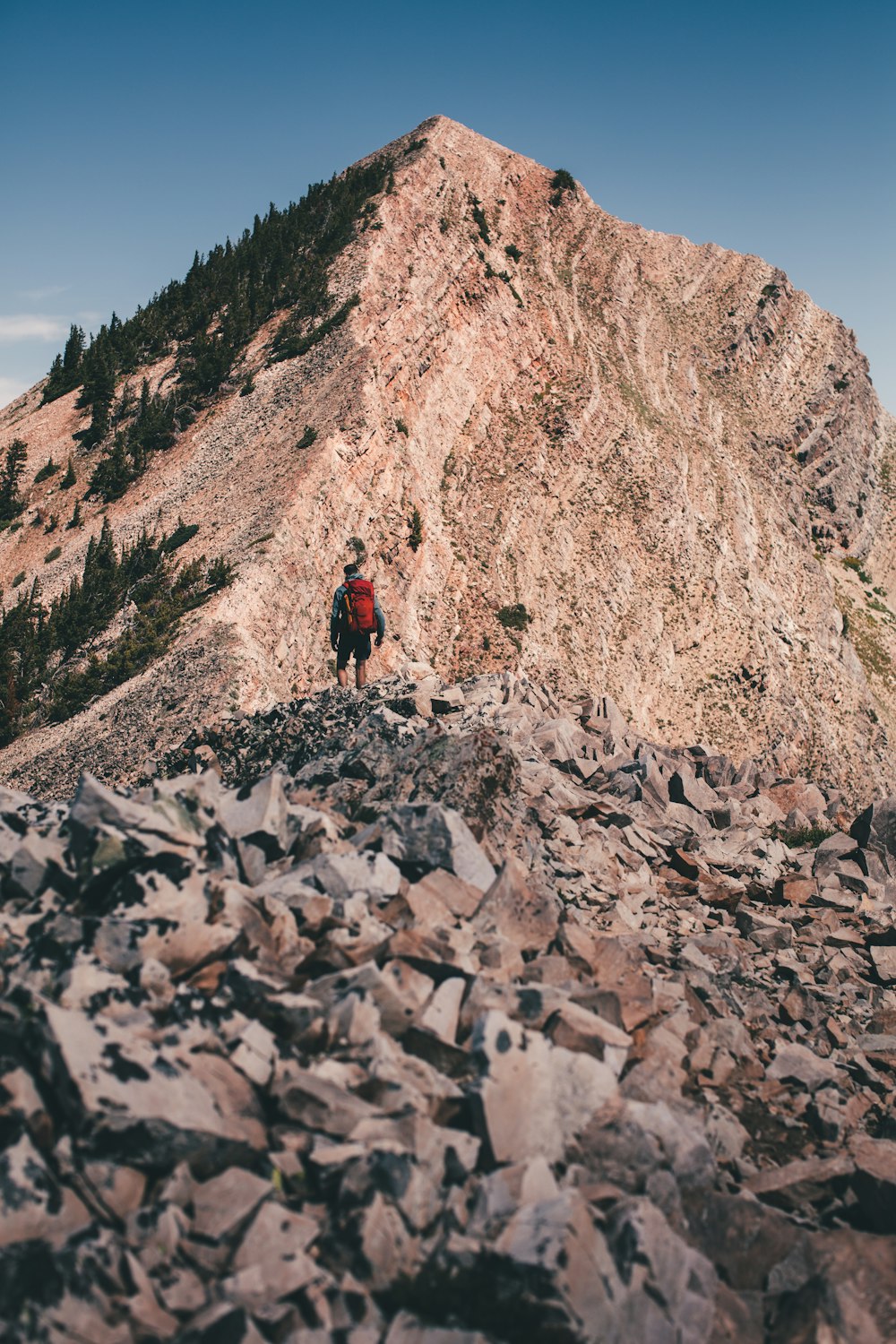 a person hiking up a mountain