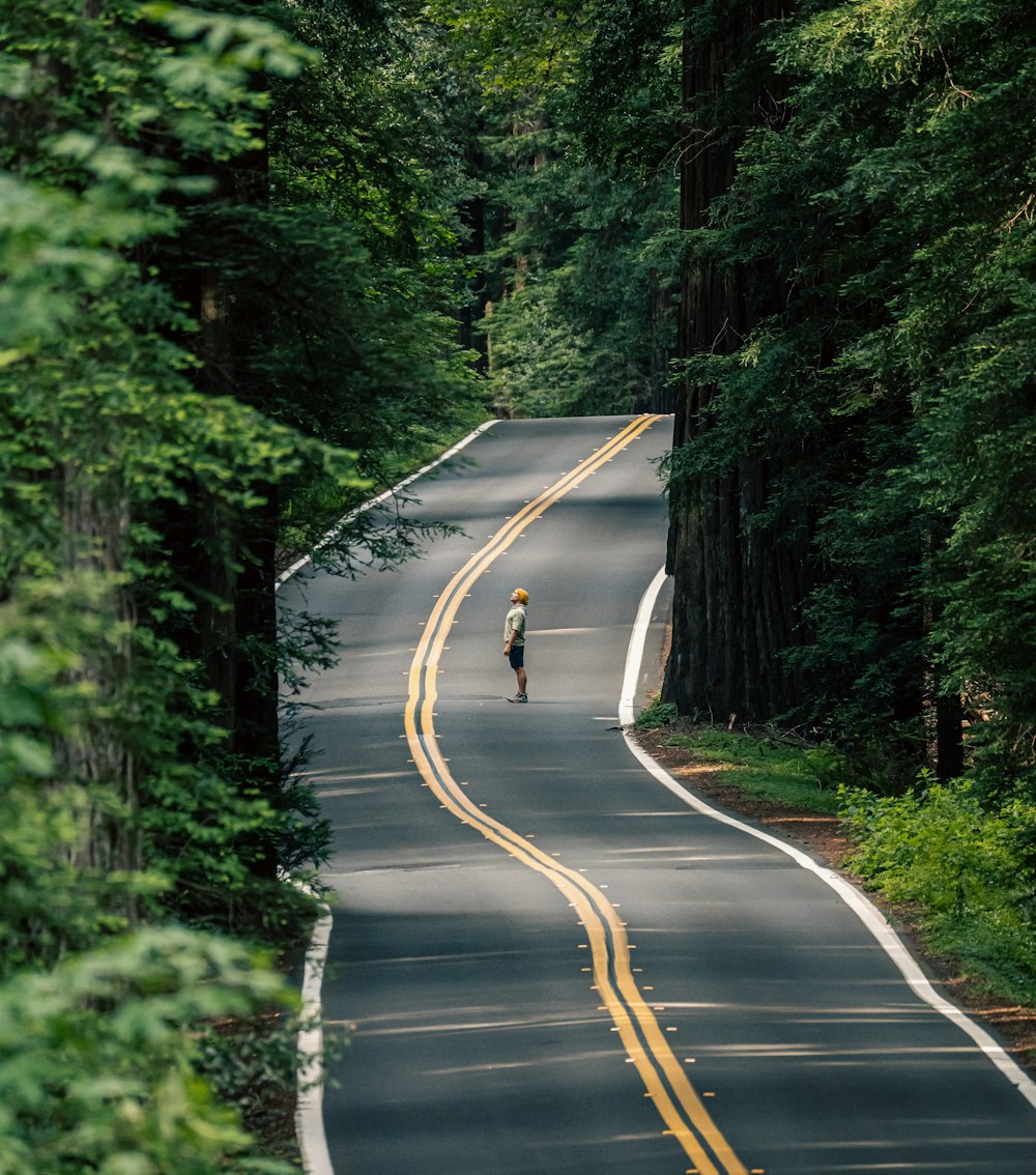 a person riding a bicycle on a road surrounded by trees