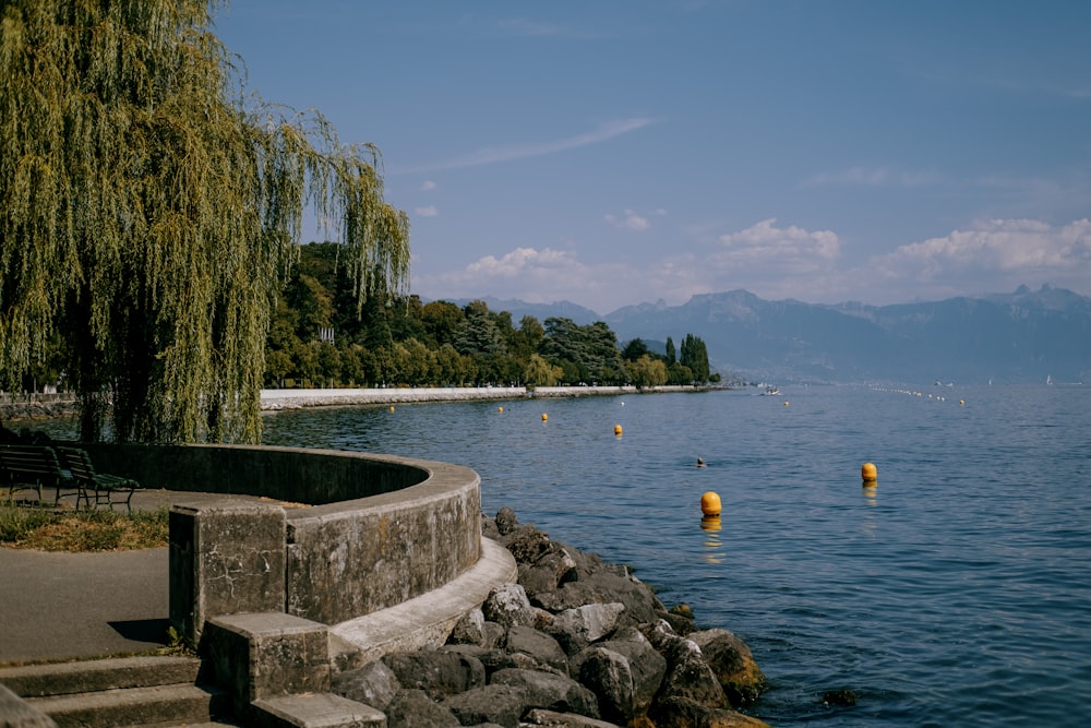 a body of water with trees and rocks around it with Isola del Garda in the background