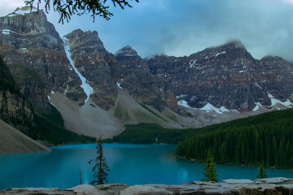 a lake with a mountain in the background