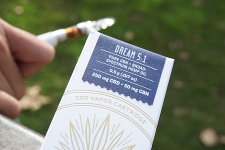 A close-up of a person's hand holding a CBD vapor cartridge package labeled 'DREAM 5.1' with details about the product including its contents (pure CBN, broad-spectrum hemp oil, 0.5 g, 250 mg CBD, 50 mg CBN) highlighted on a blue and white box. The background features a blurred green and brown outdoor environment.
