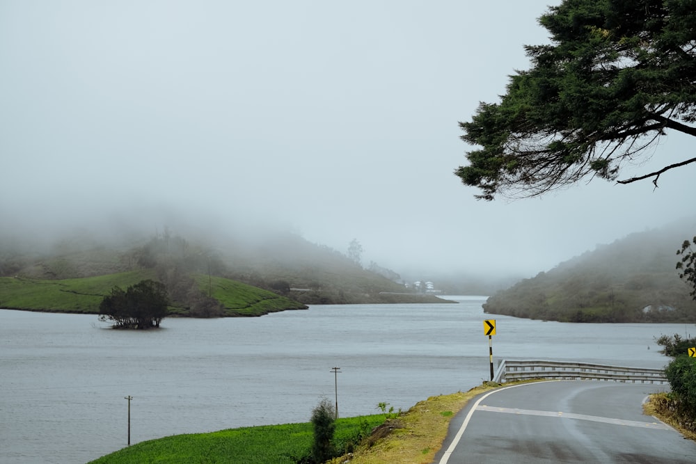 a road next to a body of water with trees on the side