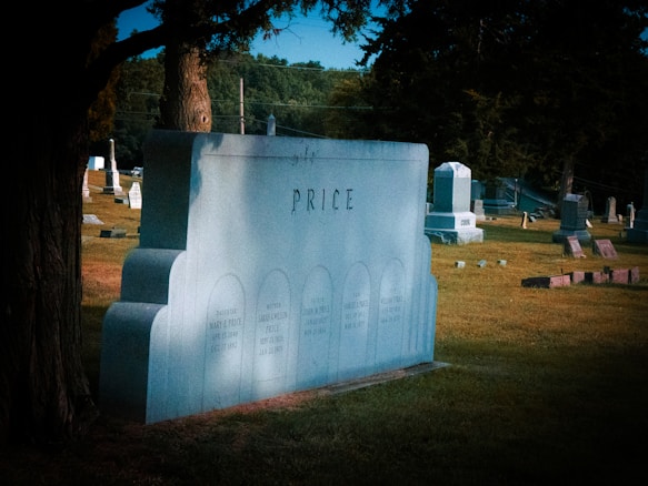 A large gravestone with the name 'PRICE' engraved, surrounded by other tombstones in a cemetery setting. The scene includes trees and a grassy field.