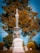 A tall, ornate gravestone with intricate carvings stands prominently in a cemetery. The name 'Wetherhold' is inscribed on the base. In the background, large trees with autumn-colored leaves provide a natural backdrop, and a clear blue sky is visible.