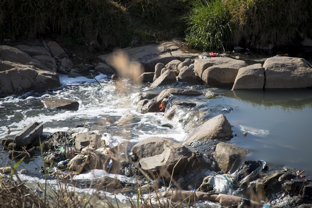 Ein Fluss mit Felsen und einem Wasserfall