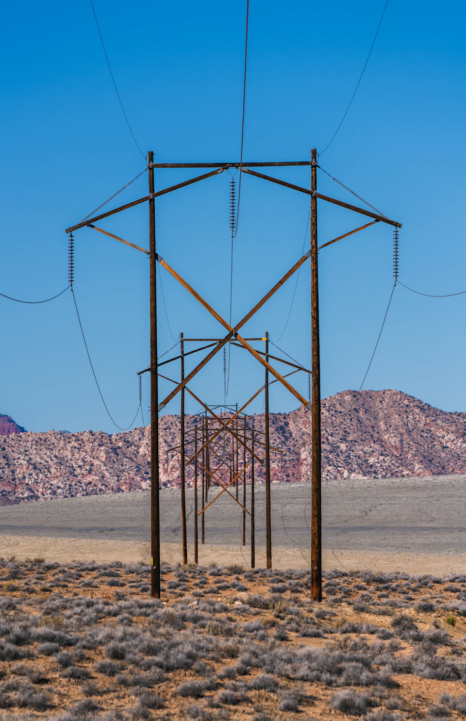 The image depicts a vast desert landscape with a network of power lines crisscrossing the sky, stretching from left to right across the frame. The power lines are made of rusted metal and stand tall against the backdrop of a clear blue sky. In the distance, mountains rise up, adding depth and scale to the scene. The image is taken from a low angle, emphasizing the height of the power lines and the grandeur of the surrounding landscape.