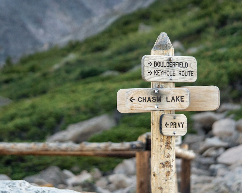 a wooden signpost with a mountain in the background