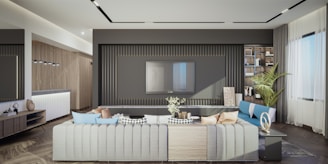 A cozy living room with soft burgundy and blue-gray accents, featuring sleek modern gadgets blending with romantic decor.