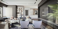 A stylish apartment living room with modern furnishings.