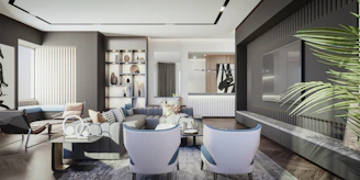 A bright, stylish living room showcasing custom modular furniture and elegant decor.