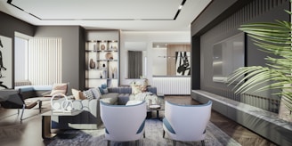 A modern living room featuring smart home technology and elegant furnishings.