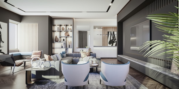 An elegantly designed modern living room showcasing stylish furniture and decor.