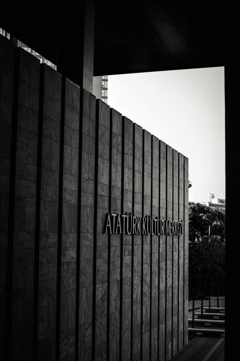 a large building with a sign on it